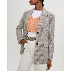 New Maje Viva Cotton Blend Houndstooth Blazer Ecru Teal 42, XL $495
